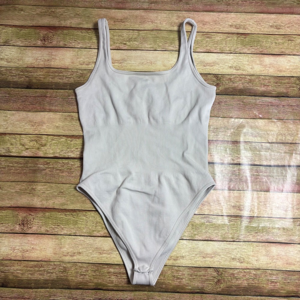 OQQ Womens Ribbed Knit Sleeveless Bodysuit Square Neck Light Gray Large